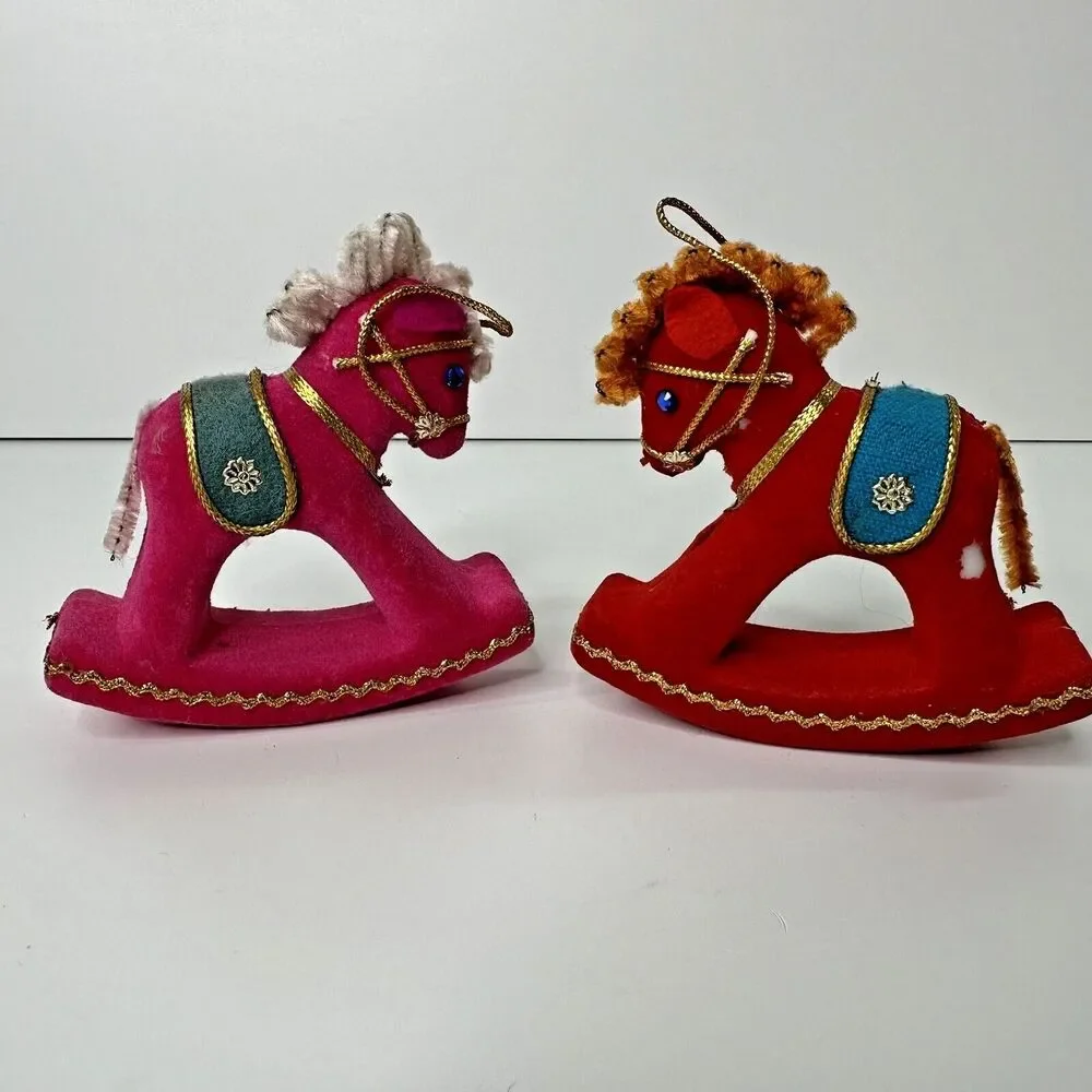 2 Vtg Rocking Horse Flocked Christmas Ornaments Kitschy Red Pink Pipe Cleaner 4